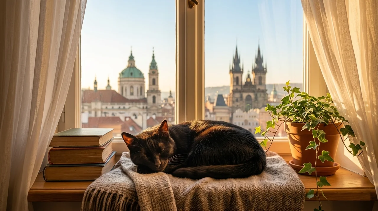 A cat on a rooftop, then a cat on a windowsill — Last frame