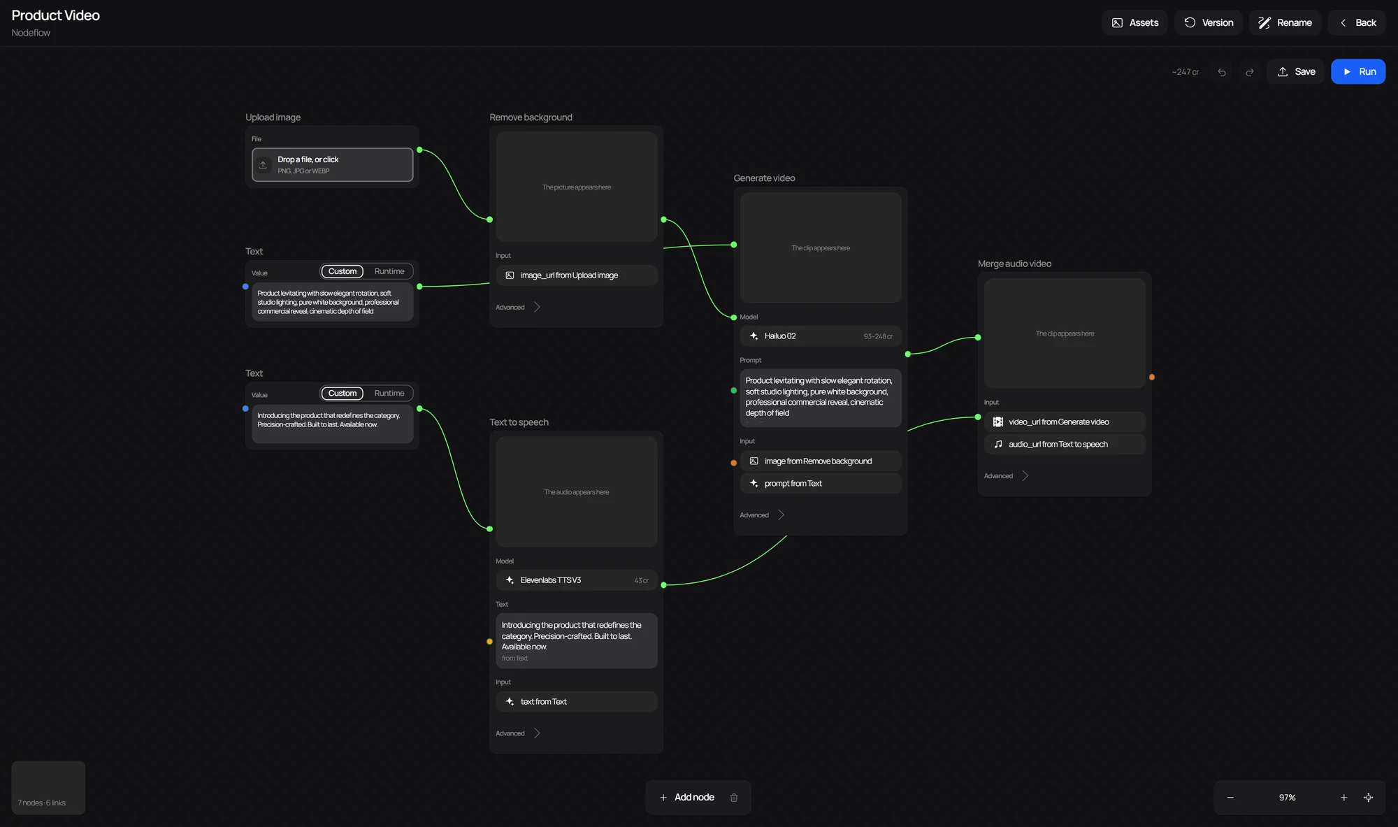 A saved Nodeflow flow on the canvas, ready to run again on new inputs